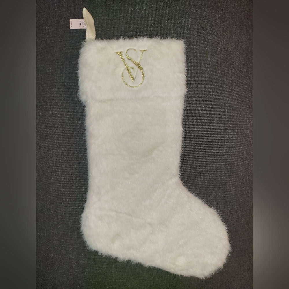 Victoria's Secret Faux Fur Christmas Stocking with Gold Embroidery
